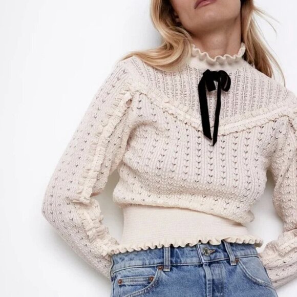 Zara Sweaters - Zara Knit Coquette Bow Tie Pointelle Long Sleeve Sweater Top Ecru Cream M